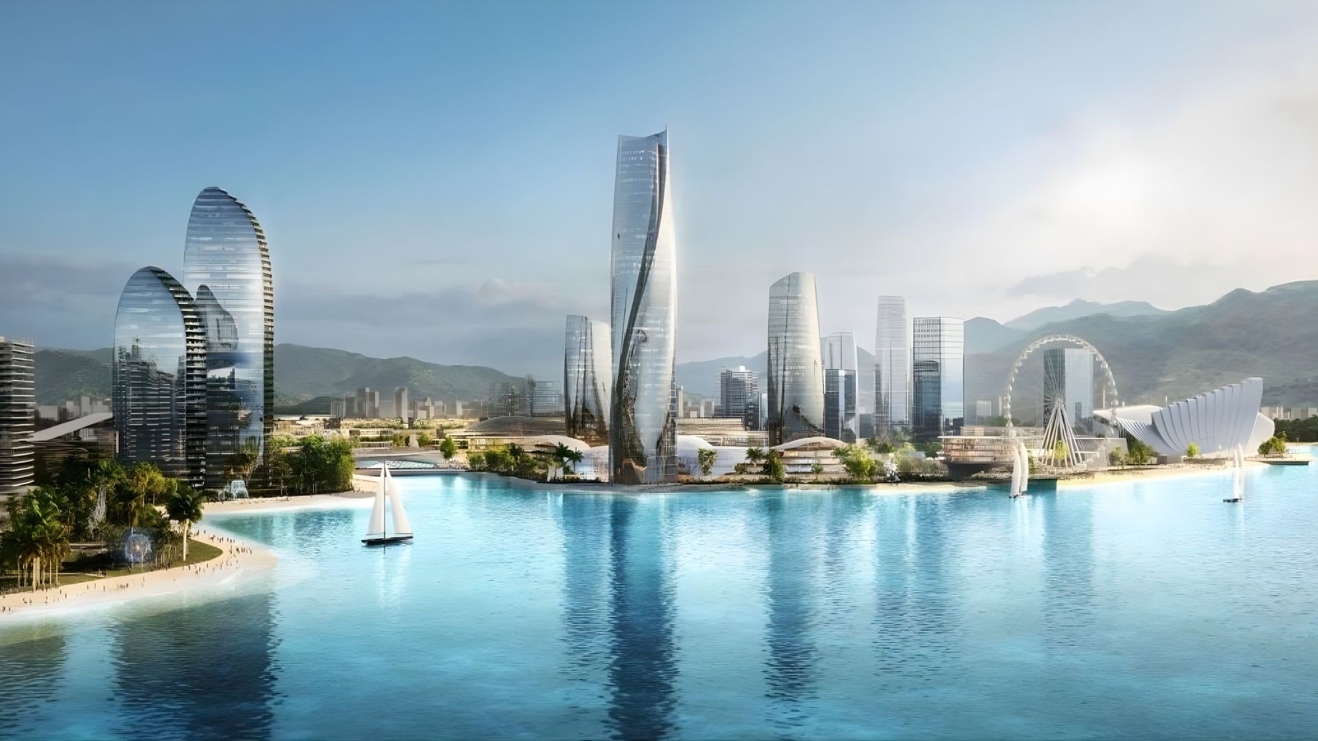 Phối cảnh tổng thể dự án Vinhomes Cam Lâm với các tòa tháp hiện đại bên bờ biển