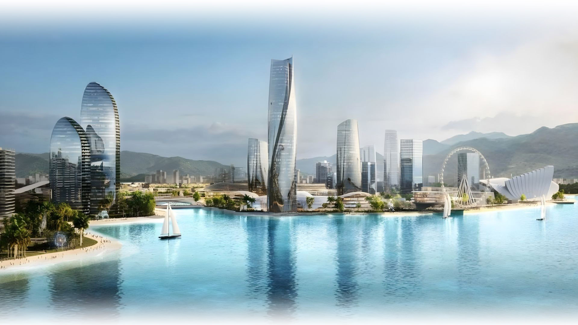Phối cảnh tổng thể khu đô thị Vinhomes Cam Lâm với các tòa tháp cao tầng ven biển